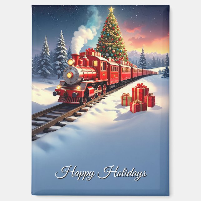 Red Train Christmas Tree Holiday Magnet (Front)