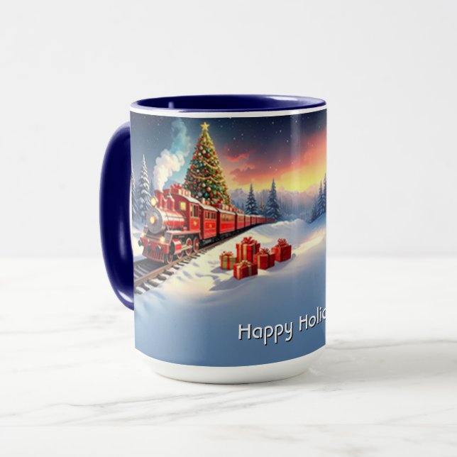 Red Train Christmas Tree Holiday Mug (Front Left)