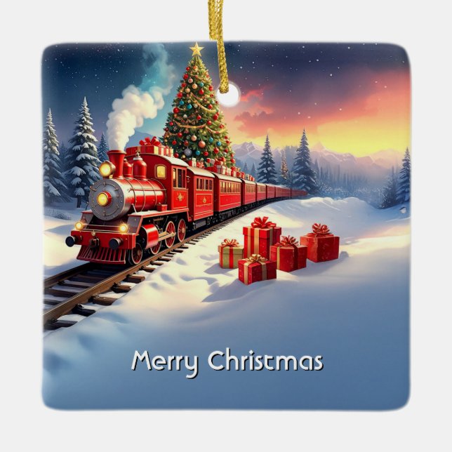 Red Train Christmas Tree Holiday Ornament (Front)