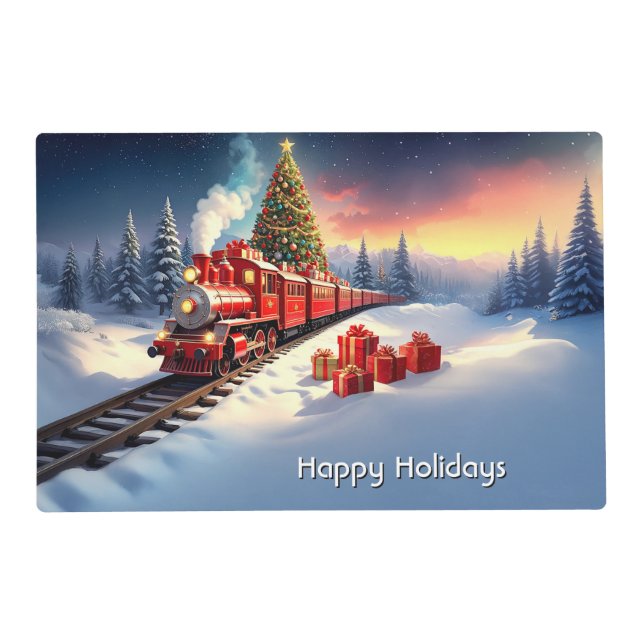 Red Train Christmas Tree Holiday Paper Placemat (Front)