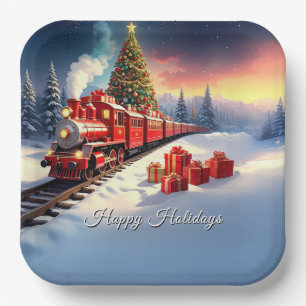 Red Train Christmas Tree Holiday Paper Plate