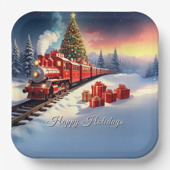 Red Train Christmas Tree Holiday Paper Plate (Front)