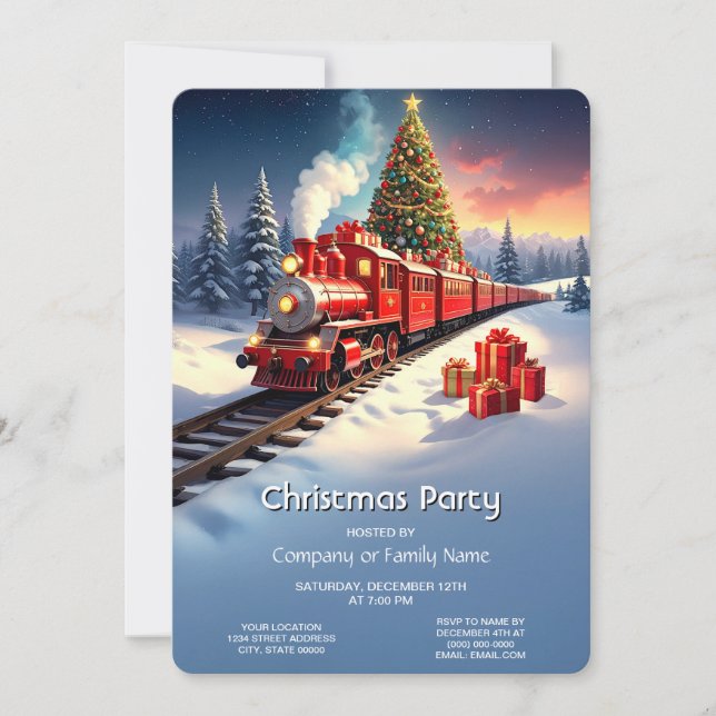 Red Train Christmas Tree Holiday Party Invitation (Front)