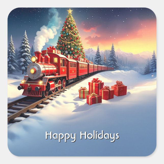 Red Train Christmas Tree Holiday Sticker (Front)