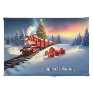 Red Train Christmas Tree Holiday Table Cloth Placemat