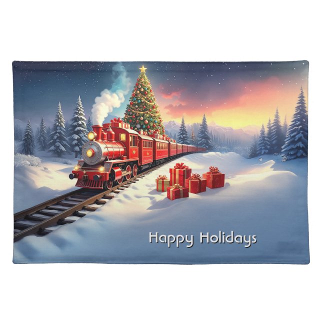 Red Train Christmas Tree Holiday Table Cloth Placemat (Front)
