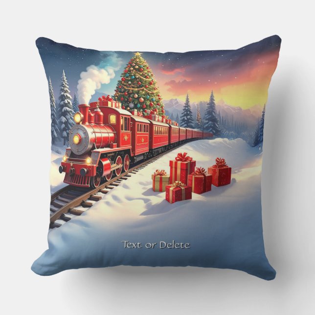 Red Train Christmas Tree Holiday Throw Pillow (Front)
