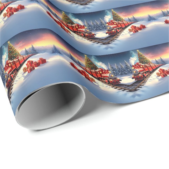 Red Train Christmas Tree Holiday Wrapping Paper (Roll Corner)