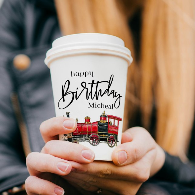 Red Train Custom Happy Birthday Paper cup (customizable train event cups red train birthday tableware train-themed party favors personalized )