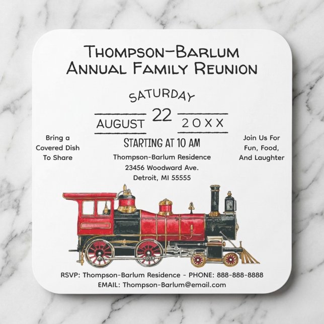 Red Train Family Reunion Invitation Square Sticker (Red Train Family Reunion Invitation Square Sticker)