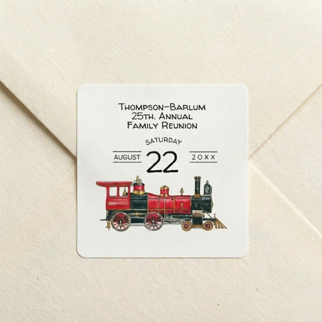 Red Train Family Reunion Square Sticker (Red Train Family Reunion Invitation Square Sticker)