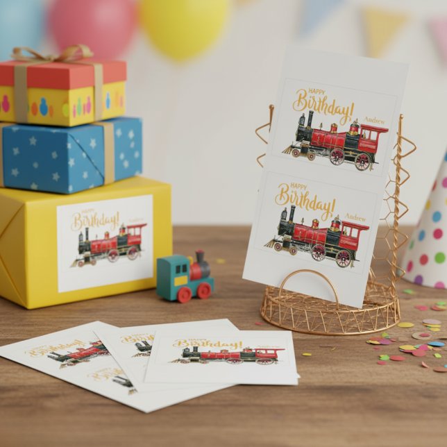 Red Train Happy Birthday Rectangular Sticker (Red Train Happy Birthday Rectangular Sticker)