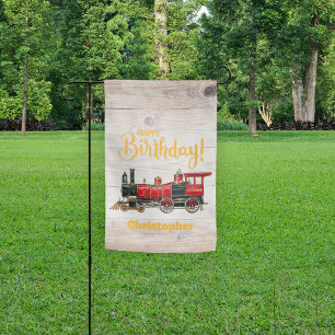Red Train Happy Birthday Weatherproof Personalized Garden Flag