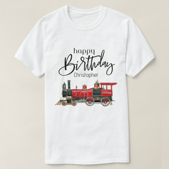 Red Train Happy Birthday "Your Name" T-Shirt (Design Front)
