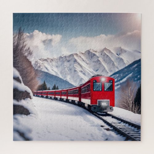 Red Train In Snowy Mountain Valley Jigsaw Puzzle