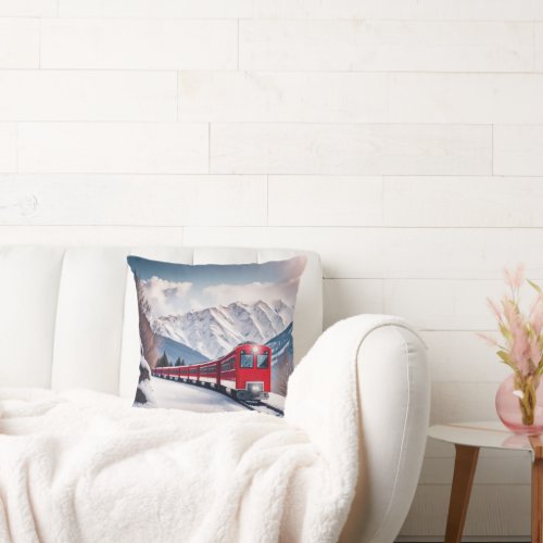 Red Train In Snowy Mountain Valley Throw Pillow