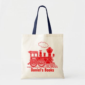 Red Train Kids Named Id Library Tote Bag by Mylittleeden at Zazzle