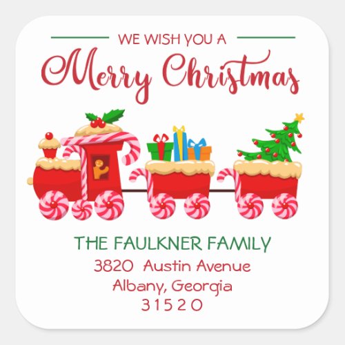 Red Train Merry Christmas Red and Green Address Square Sticker
