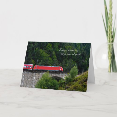 red train on stone trestle birthday card