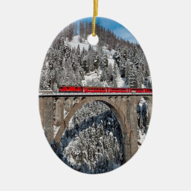 Red Train Pine Snow Covered Mountains Switzerland Ceramic Ornament (Front)