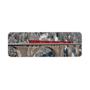 Red Train Pine Snow Covered Mountains Switzerland Label