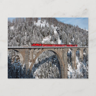 Red Train Pine Snow Covered Mountains Switzerland Postcard