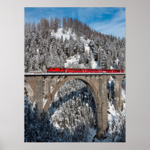 Red Train Pine Snow Covered Mountains Switzerland Poster