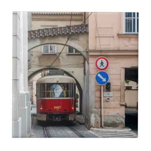 Red tramway in old town of Prague _ Czech Republic Ceramic Tile