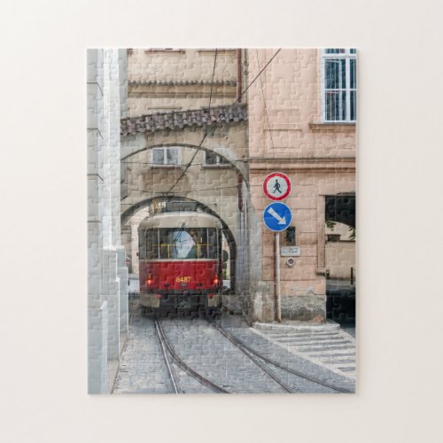 Red tramway in old town of Prague _ Czech Republic Jigsaw Puzzle