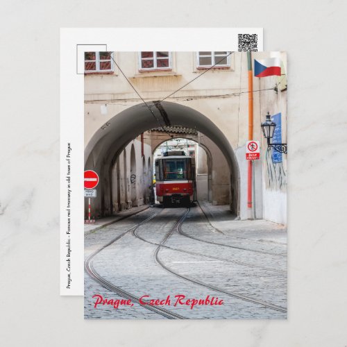 Red tramway in old town of Prague _ Czech Republic Postcard