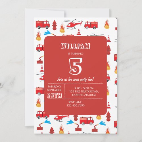 Red Transport Fire Truck Engine Birthday Party   Invitation