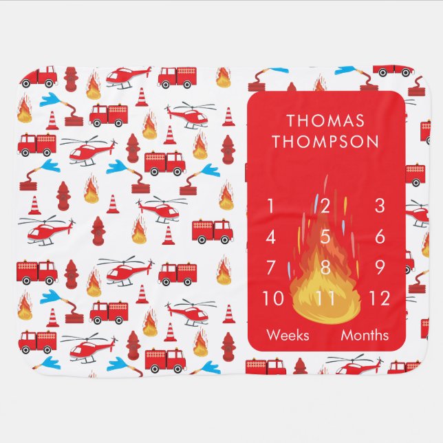 Red Transport Fire Truck Engine Brigade Milestone Baby Blanket (Horizontal)