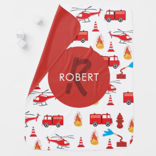 Red Transport Fire Truck Engine Brigade Monogram Baby Blanket