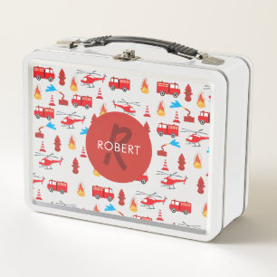 Red Transport Fire Truck Engine Brigade Monogram Metal Lunch Box