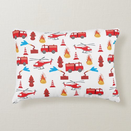 Red Transport Fire Truck Engine Brigade Pattern Accent Pillow