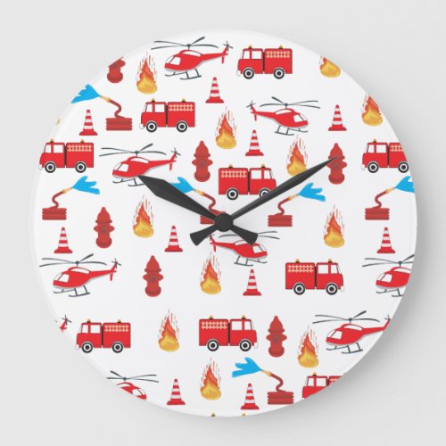 Red Transport Fire Truck Engine Brigade Pattern  Large Clock