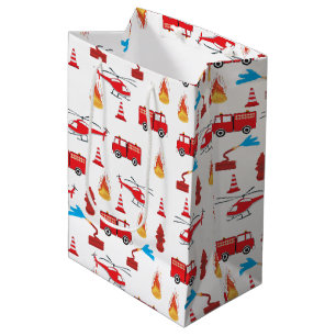 Red Transport Fire Truck Engine Brigade Pattern Medium Gift Bag