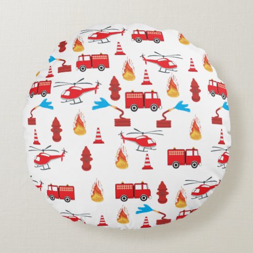 Red Transport Fire Truck Engine Brigade Pattern  Round Pillow