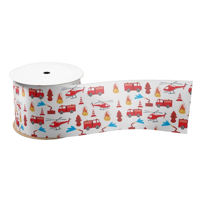 Red Transport Fire Truck Engine Brigade Pattern   Satin Ribbon (Spool)