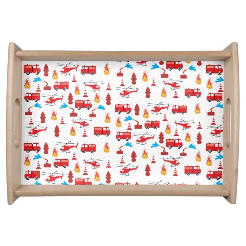 Red Transport Fire Truck Engine Brigade Pattern Serving Tray