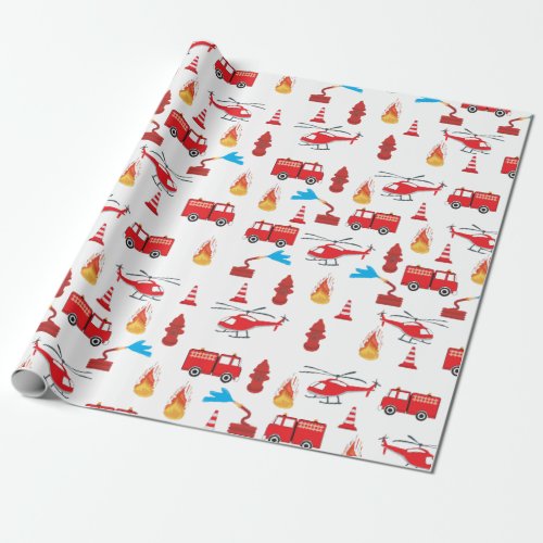 Red Transport Fire Truck Engine Brigade Pattern  Wrapping Paper