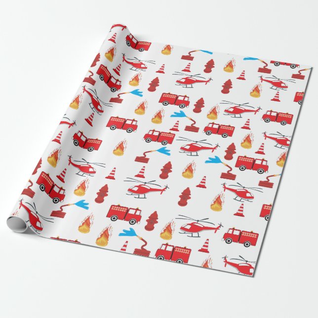 Red Transport Fire Truck Engine Brigade Pattern  Wrapping Paper (Unrolled)