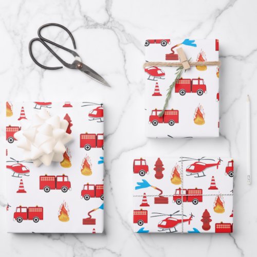 Red Transport Fire Truck Engine Brigade Pattern Wrapping Paper Sheets