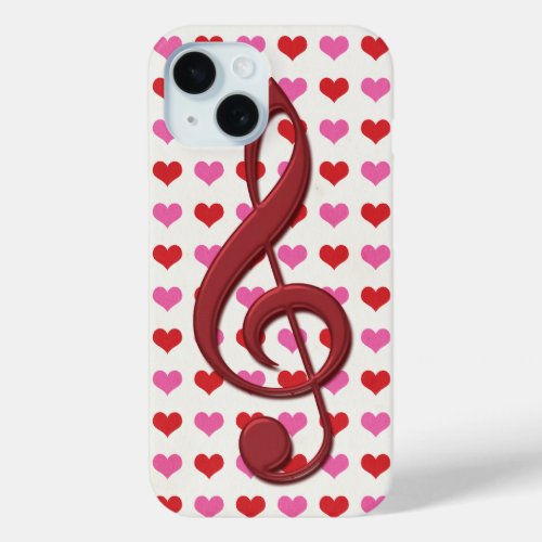 Red Treble Clef Love Hearts Music iPhone 15 Case