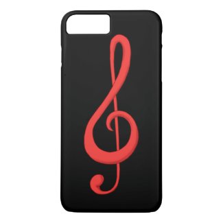 Red treble clef music illustration.