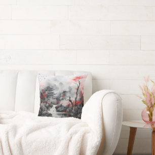 Red Tree and Asian House Throw Pillow
