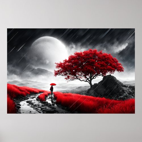 Red tree and moon poster