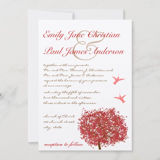 Red Tree Humming Bird  Wedding Invitation (Front)