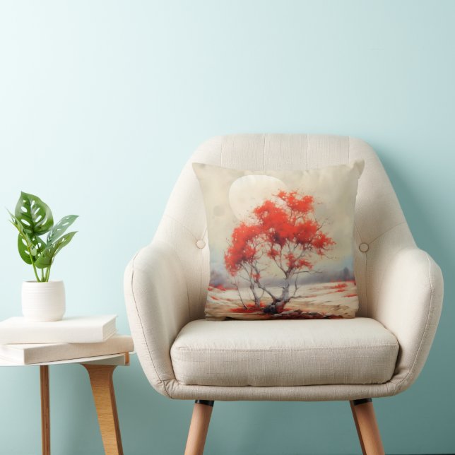 Red Tree Landscape Throw Pillow (Chair)