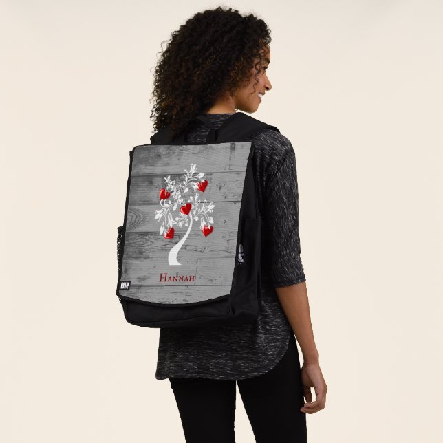 Red Tree of Hearts Personalized Backpack (Worn)